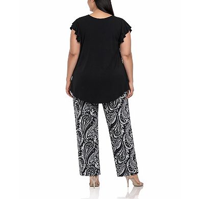 Plus Size Ruffle Sleeve Top & Printed Pant Set