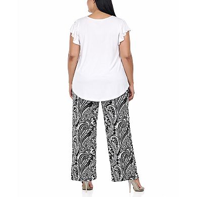 Plus Size Ruffle Sleeve Top & Printed Pant Set