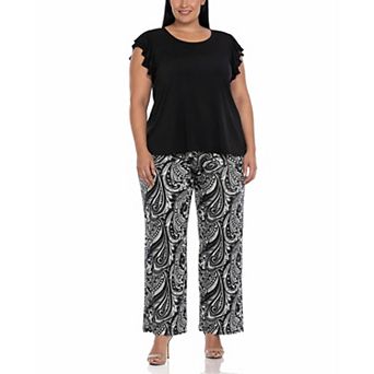 Plus Size Ruffle Sleeve Top & Printed Pant Set