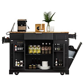 Pnronnc Fluted Kitchen Island with Trash Can, Power Outlet, 3 Drawer Kitchen Bakers Rack