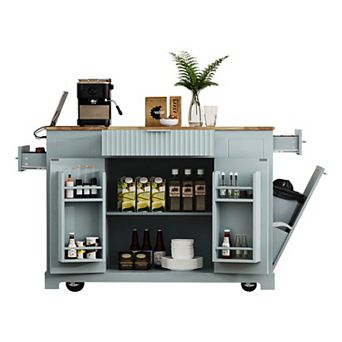 Pnronnc Fluted Kitchen Island with Trash Can, Power Outlet, 3 Drawer Kitchen Bakers Rack