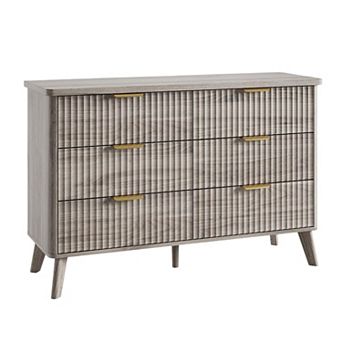 Modern Fluted 6-Drawer Dresser Curved Profile, Gold Handles Storage Organizer, Deep Drawers