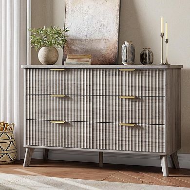 Modern Fluted 6-Drawer Dresser Curved Profile, Gold Handles Storage Organizer, Deep Drawers