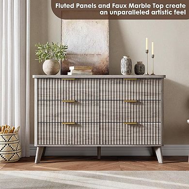 Modern Fluted 6-Drawer Dresser Curved Profile, Gold Handles Storage Organizer, Deep Drawers