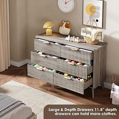 Modern Fluted 6-Drawer Dresser Curved Profile, Gold Handles Storage Organizer, Deep Drawers