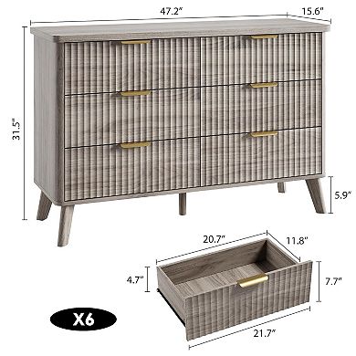 Modern Fluted 6-Drawer Dresser Curved Profile, Gold Handles Storage Organizer, Deep Drawers