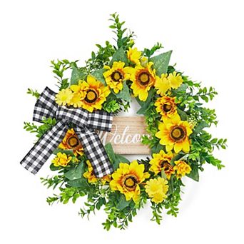 20" flower Wreath with Welcome Sign Spring Summer Wreath with Yellow Blooms and Buffalo Plaid Bow