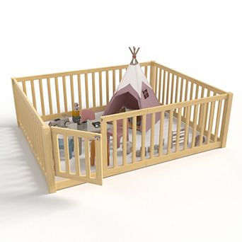Trikiousd Full Size Floor Bed with Door & Safety Guardrails, Wood Montessori Bed for Kids