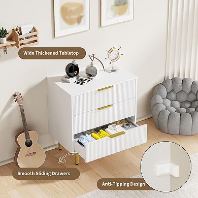 Modern 28 Inch Fluted 3 Drawer Dresser with Gold Handles Slim Storage Chest