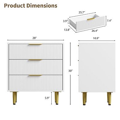 Modern 28 Inch Fluted 3 Drawer Dresser with Gold Handles Slim Storage Chest