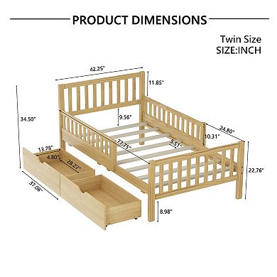 Trikiousd Kids Twin Bed Frame with Fences & 2 Storage Drawers, Wooden Platform Bed for Bedroom