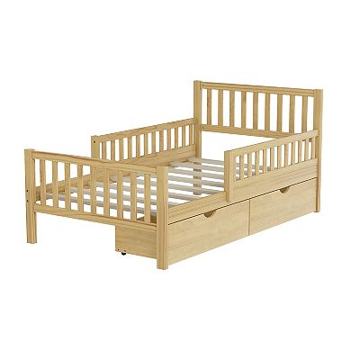 Trikiousd Kids Twin Bed Frame with Fences & 2 Storage Drawers, Wooden Platform Bed for Bedroom