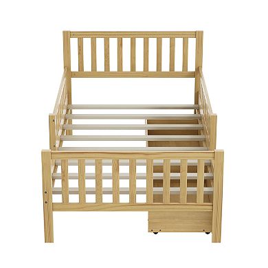 Trikiousd Kids Twin Bed Frame with Fences & 2 Storage Drawers, Wooden Platform Bed for Bedroom