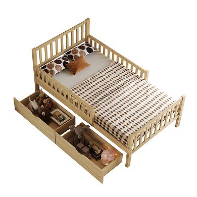 Trikiousd Kids Twin Bed Frame with Fences & 2 Storage Drawers, Wooden Platform Bed for Bedroom
