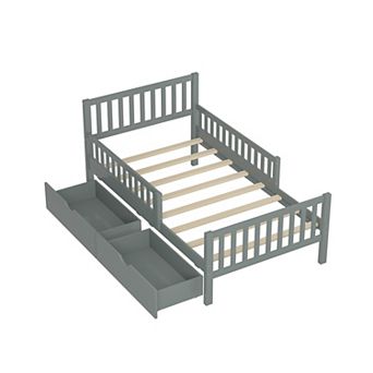 Trikiousd Kids Twin Bed Frame with Fences & 2 Storage Drawers, Wooden Platform Bed for Bedroom
