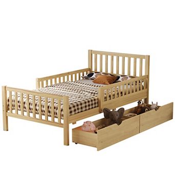 Trikiousd Kids Twin Bed Frame with Fences & 2 Storage Drawers, Wooden Platform Bed for Bedroom