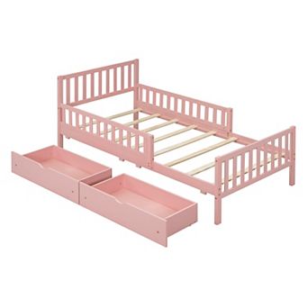 Trikiousd Kids Twin Bed Frame with Fences & 2 Storage Drawers, Wooden Platform Bed for Bedroom