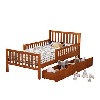 Trikiousd Kids Twin Bed Frame with Fences & 2 Storage Drawers, Wooden Platform Bed for Bedroom
