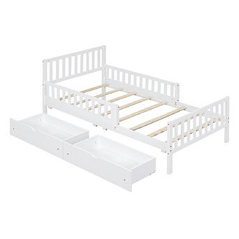 Trikiousd Kids Twin Bed Frame with Fences & 2 Storage Drawers, Wooden Platform Bed for Bedroom