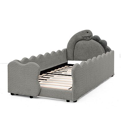 Trikiousd Kids Boucle Upholstered Bed Solid Wood Frame w/ Thickened Guardrail, Cute Dinosaur-Shaped