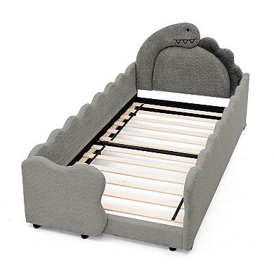 Trikiousd Kids Boucle Upholstered Bed Solid Wood Frame w/ Thickened Guardrail, Cute Dinosaur-Shaped