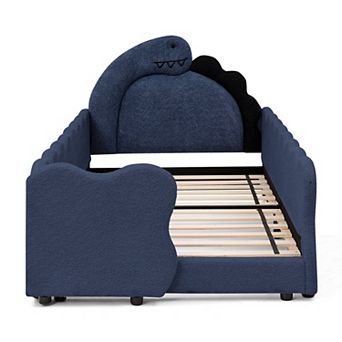 Trikiousd Kids Boucle Upholstered Bed Solid Wood Frame w/ Thickened Guardrail, Cute Dinosaur-Shaped