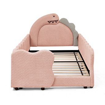 Trikiousd Kids Boucle Upholstered Bed Solid Wood Frame w/ Thickened Guardrail, Cute Dinosaur-Shaped