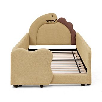 Trikiousd Kids Boucle Upholstered Bed Solid Wood Frame w/ Thickened Guardrail, Cute Dinosaur-Shaped