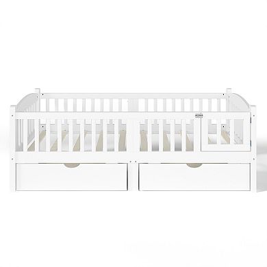 Trikiousd Twin Kids Bed Wood Low Profile Bed Montessori Bed Platform Bed Frame w/ 2 Storage Drawers
