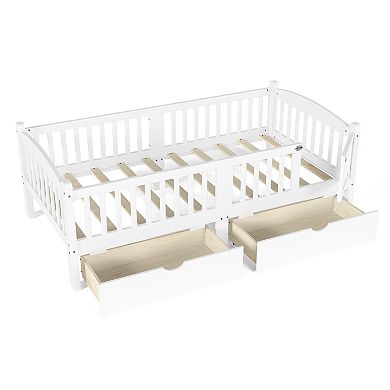 Trikiousd Twin Kids Bed Wood Low Profile Bed Montessori Bed Platform Bed Frame w/ 2 Storage Drawers