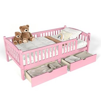 Trikiousd Twin Kids Bed Wood Low Profile Bed Montessori Bed Platform Bed Frame w/ 2 Storage Drawers