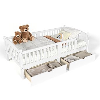 Trikiousd Twin Kids Bed Wood Low Profile Bed Montessori Bed Platform Bed Frame w/ 2 Storage Drawers