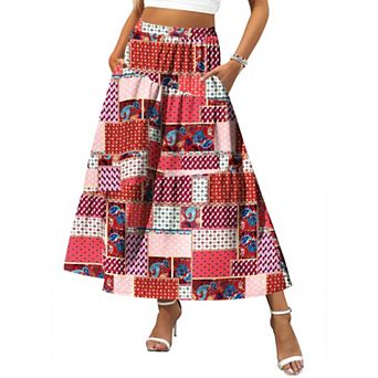 Zeagoo Women's High Waist Flowy Boho Tiered Swing Floral Midi Long Skirt with Pockets