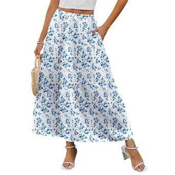Zeagoo Women's High Waist Flowy Boho Tiered Swing Floral Midi Long Skirt with Pockets