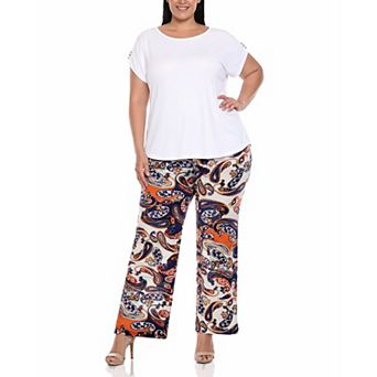 Plus Size Solid Top & Paisley Print Pant Set