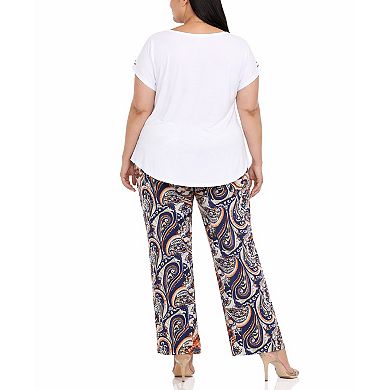 Plus Size Solid Top & Paisley Print Pant Set