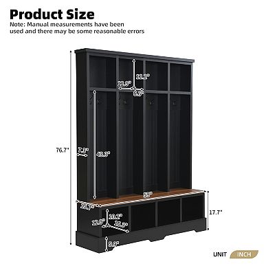 Trikiousd 76.7"H Entryway Hall Tree 3-in-1 Wooden Shoe Rack with Open Compartments & 8 Hooks