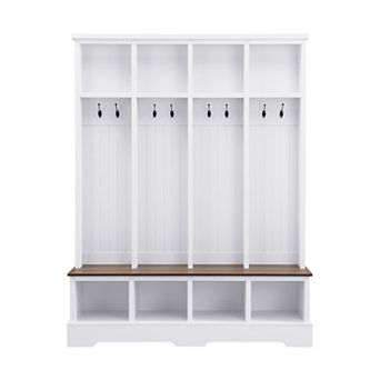 Trikiousd 76.7"H Entryway Hall Tree 3-in-1 Wooden Shoe Rack with Open Compartments & 8 Hooks