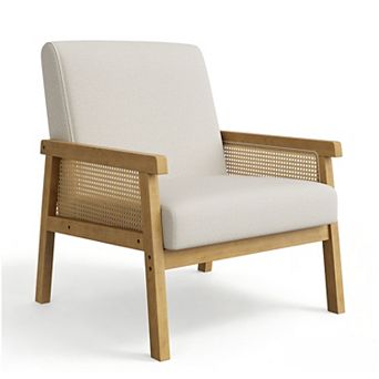 Rattan Accent Chair, Linen Armchair, Upholstered Reading Chair with High Back, Leisure Chairs