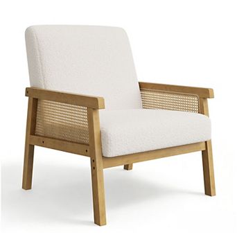 Rattan Accent Chair, Linen Armchair, Upholstered Reading Chair with High Back, Leisure Chairs