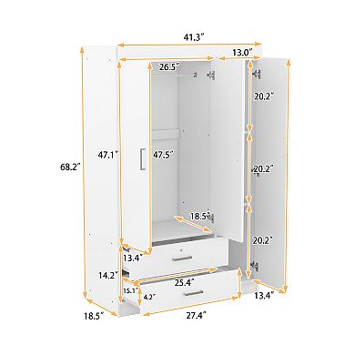 Trikiousd 3-Door Wardrobe with 2 Drawers for Bedroom Storage