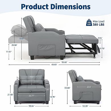 3-in-1 Convertible Sleeper Chair Bed, Pull-Out Sofa Bed,Sofa Chair Bed,Single Sofa Recliner Bed