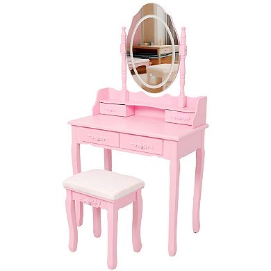 Trikiousd 2-Piece Princess Vanity Set, Wooden Makeup Vanity Dressing Table with Mirror & Stool