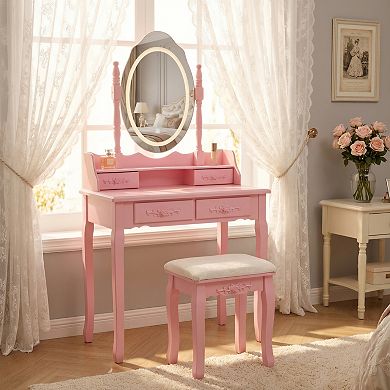 Trikiousd 2-Piece Princess Vanity Set, Wooden Makeup Vanity Dressing Table with Mirror & Stool