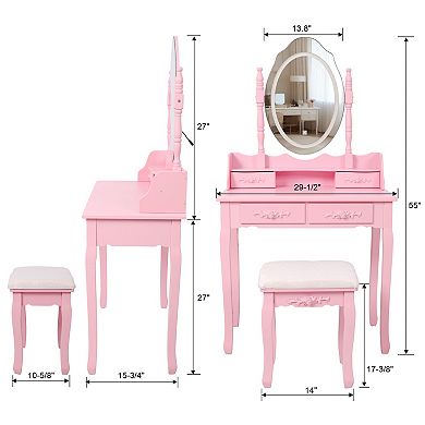 Trikiousd 2-Piece Princess Vanity Set, Wooden Makeup Vanity Dressing Table with Mirror & Stool