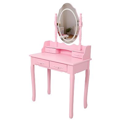 Trikiousd 2-Piece Princess Vanity Set, Wooden Makeup Vanity Dressing Table with Mirror & Stool