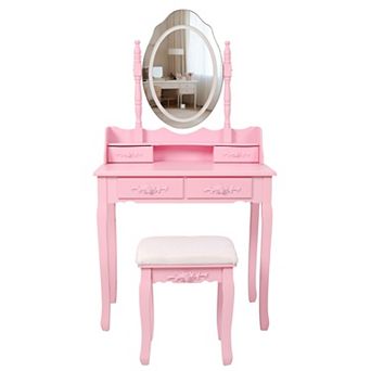 Trikiousd 2 pc Princess Vanity Set, Wooden Makeup Vanity Dressing Table with Mirror & Stool