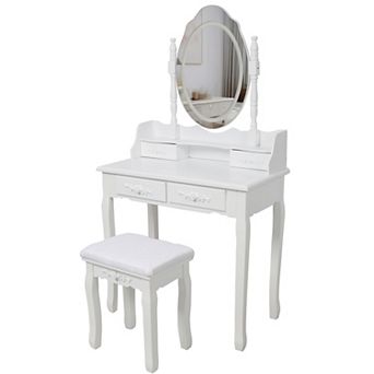 Trikiousd 2 pc Princess Vanity Set, Wooden Makeup Vanity Dressing Table with Mirror & Stool