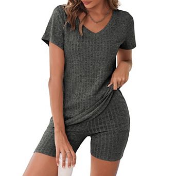 Ekouaer Biker Short Sets Women 2 pc Outfits Ribbed Pajama Short Sleeve Workout Set