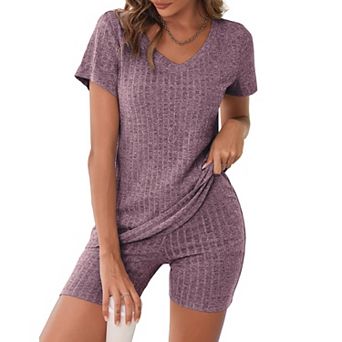 Ekouaer Biker Short Sets Women 2 pc Outfits Ribbed Pajama Short Sleeve Workout Set
